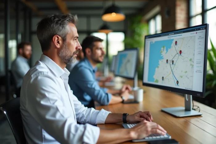 Professionnel mettant à jour une adresse sur une plateforme de cartographie Gozmap dans un espace de coworking