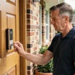 Propriétaire inspectant une serrure connectée sur une porte d'entrée en chêne pour sécuriser son logement
