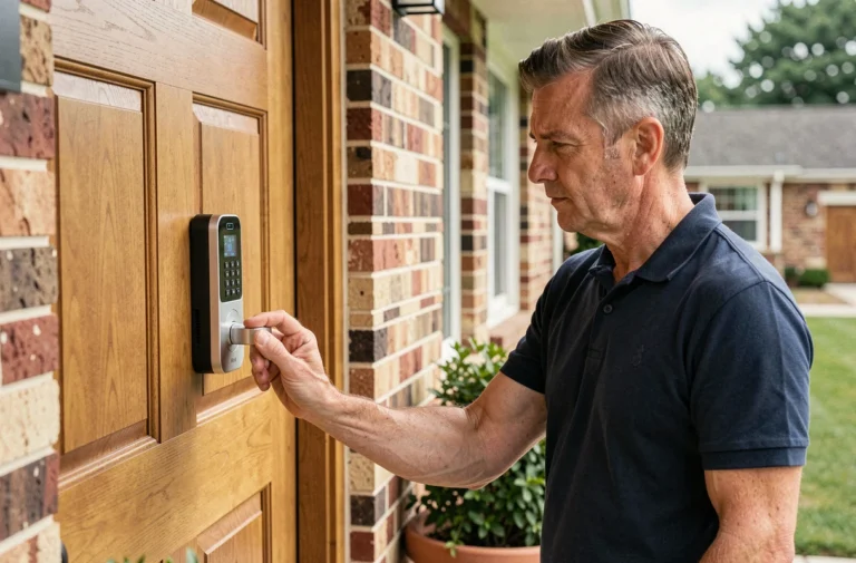 Propriétaire inspectant une serrure connectée sur une porte d'entrée en chêne pour sécuriser son logement