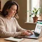 Femme cherchant un professionnel de santé près de chez elle sur son ordinateur portable depuis son bureau à domicile