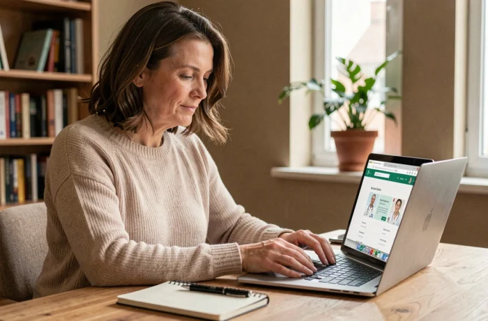 Femme cherchant un professionnel de santé près de chez elle sur son ordinateur portable depuis son bureau à domicile