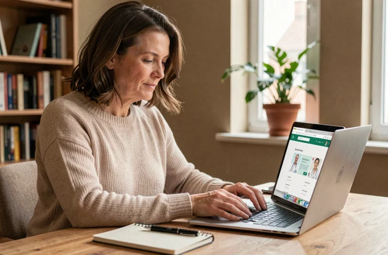 Femme cherchant un professionnel de santé près de chez elle sur son ordinateur portable depuis son bureau à domicile
