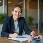 Une femme en reconversion professionnelle discute avec un conseiller en orientation dans un bureau moderne, consultant des documents et un ordinateur portable ensemble