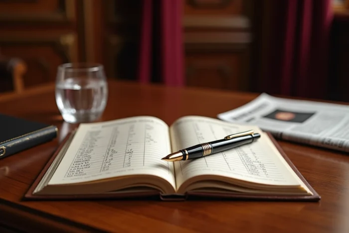Nature morte de registre financier et stylo plume sur bureau en bois évoquant la gestion d'une grande fortune