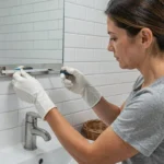 Femme remplaçant une LED sur un miroir de salle de bain moderne au-dessus d'un lavabo blanc