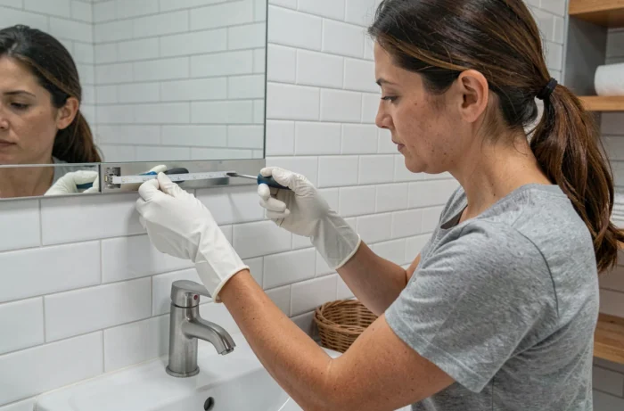 Femme remplaçant une LED sur un miroir de salle de bain moderne au-dessus d'un lavabo blanc