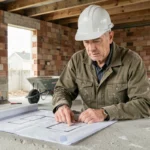 Homme avec casque de chantier examinant des plans architecturaux dans une maison en cours de rénovation
