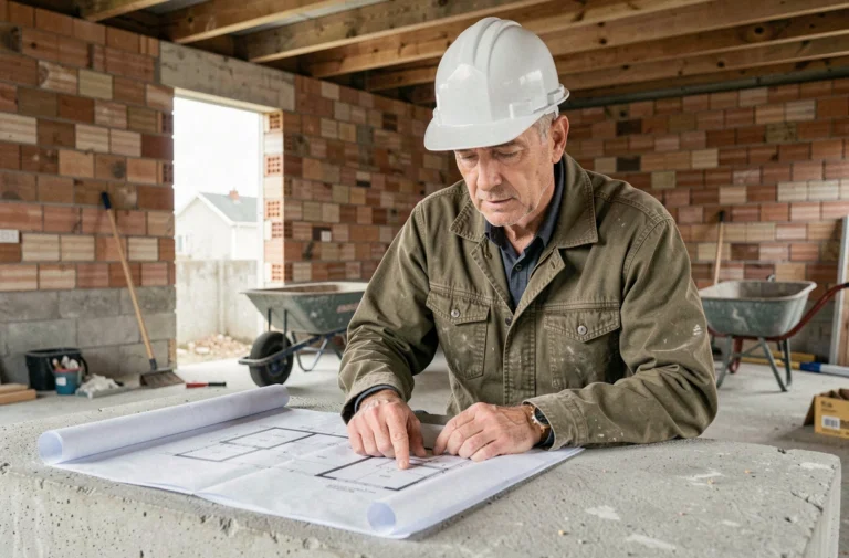 Homme avec casque de chantier examinant des plans architecturaux dans une maison en cours de rénovation