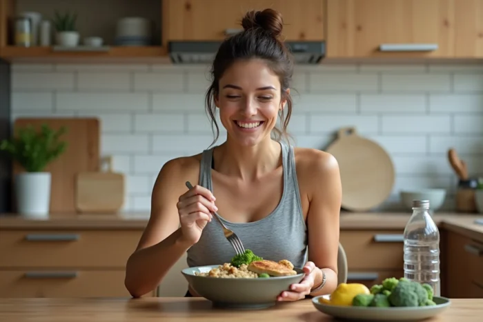 Femme sportive mangeant un repas équilibré de poulet grillé et quinoa après l'entraînement dans une cuisine moderne