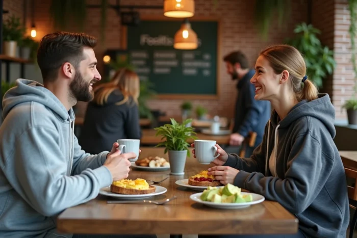 Deux amis sportifs partageant un repas post-entraînement avec des œufs, avocat et salade de fruits dans un café healthy