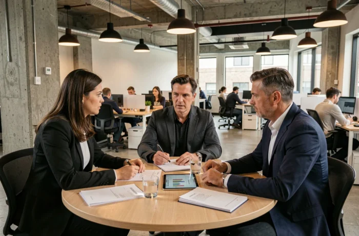 Deux associés rencontrant un conseiller en franchise autour d'une table dans un espace de coworking à Montréal