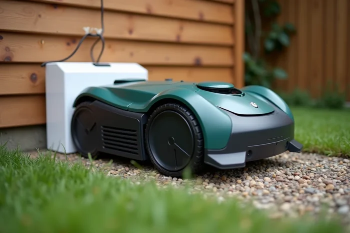 Robot tondeuse revenant automatiquement sur sa base de charge installée contre un abri de jardin