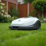 Robot tondeuse autonome blanc traversant une pelouse verte bien entretenue dans un jardin de banlieue