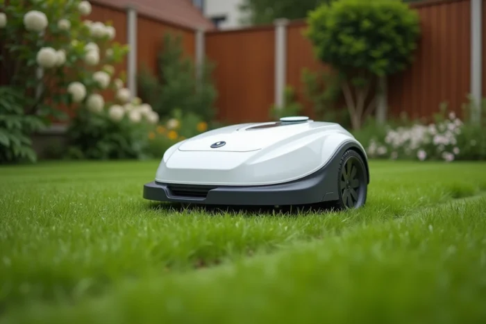 Robot tondeuse autonome blanc traversant une pelouse verte bien entretenue dans un jardin de banlieue