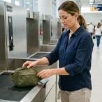 Femme déposant son sac banane dans le bac de contrôle de sécurité à l'aéroport