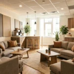 Vue d'ensemble d'une salle de pause de bureau moderne, conviviale et fonctionnelle avec coin café, plantes et assises variées