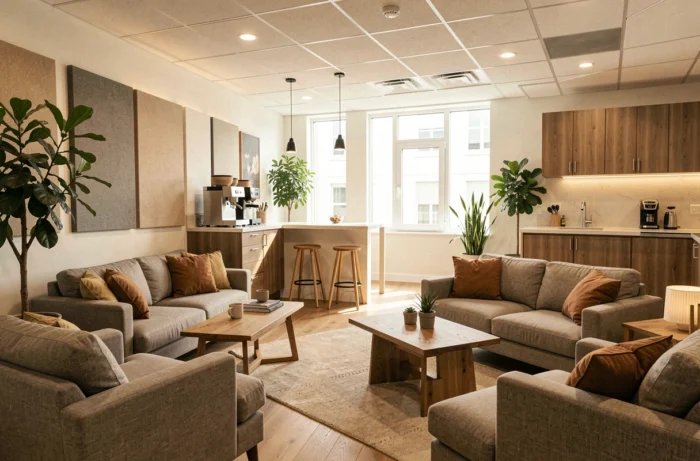 Vue d'ensemble d'une salle de pause de bureau moderne, conviviale et fonctionnelle avec coin café, plantes et assises variées