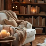 Coin salon cosy avec fauteuil crème, plaid en laine tressée et bougie sur plateau en bois pour une ambiance cocon chaleureuse