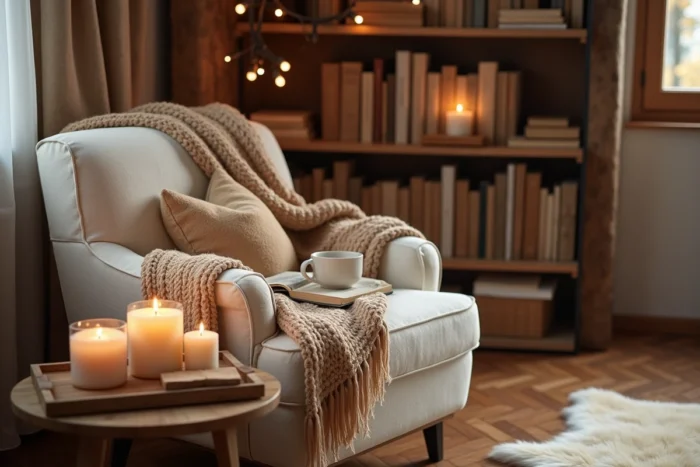 Coin salon cosy avec fauteuil crème, plaid en laine tressée et bougie sur plateau en bois pour une ambiance cocon chaleureuse