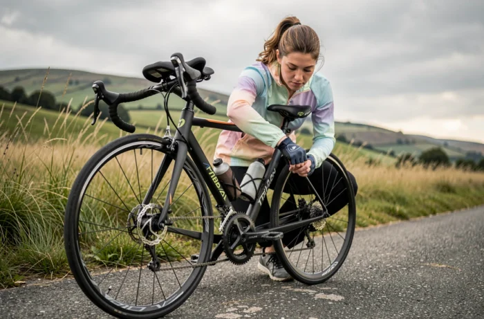 Cycliste féminine ajustant une selle confortable sur un Triban RC 120 en bord de route rurale