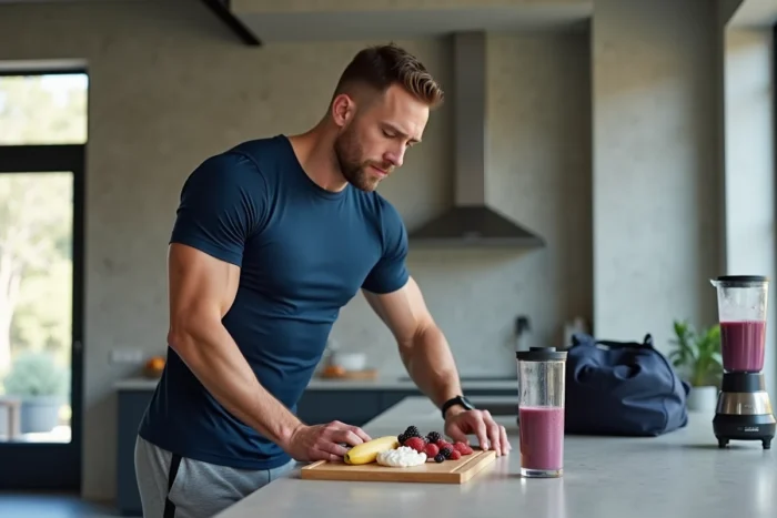 Homme musclé préparant un smoothie protéiné aux fruits rouges après l'entraînement dans un appartement moderne