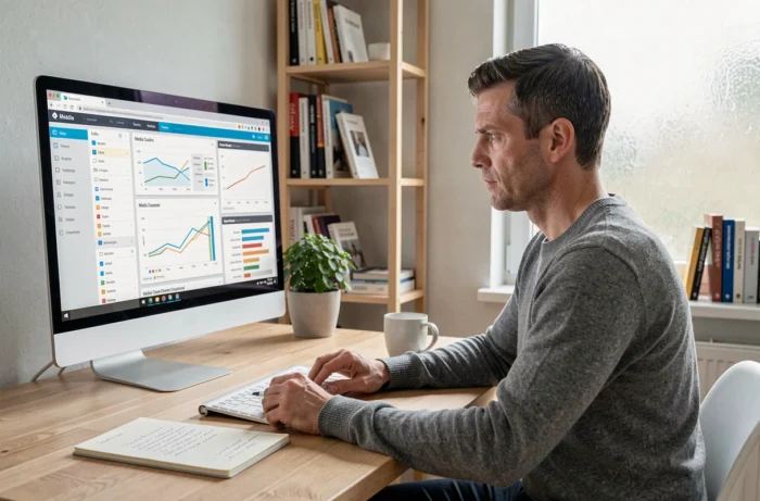 Stratège média concentré devant un écran d'analyse de campagne publicitaire dans un bureau minimaliste, travaillant sur la planification médias et le ciblage d'audience