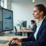 Professionnelle en marketing digital analysant des tableaux de bord sur deux écrans dans un bureau moderne
