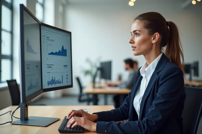 Professionnelle en marketing digital analysant des tableaux de bord sur deux écrans dans un bureau moderne