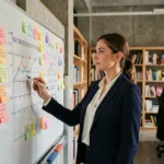 Planificatrice média en agence de publicité élaborant une stratégie de media planning sur un tableau blanc avec graphiques et calendriers de campagne