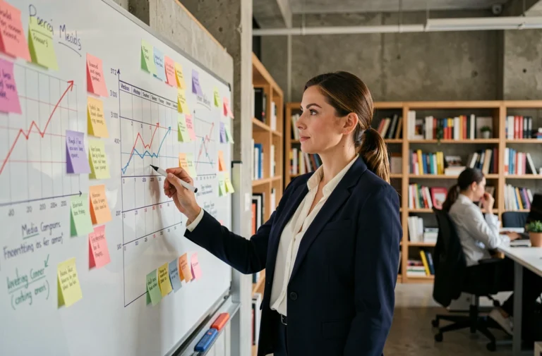 Planificatrice média en agence de publicité élaborant une stratégie de media planning sur un tableau blanc avec graphiques et calendriers de campagne