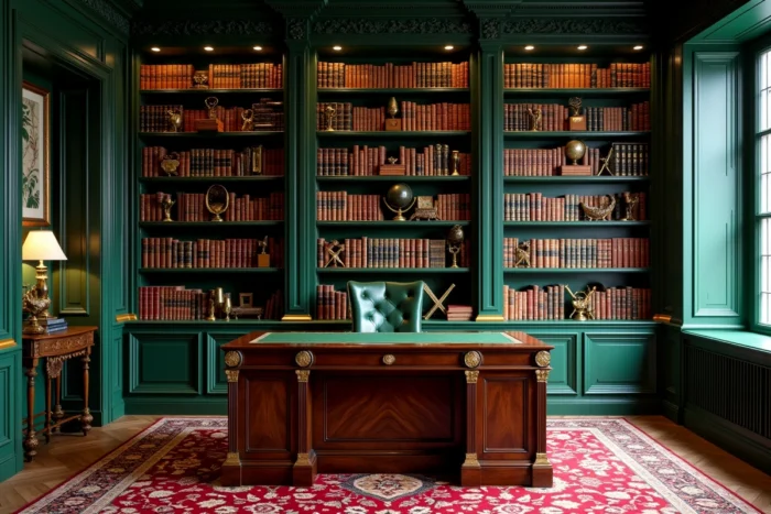 Bureau décoratif style bookshelf wealth avec bibliothèque verte sombre, livres reliés en cuir et bureau en acajou