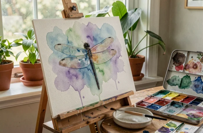 Peinture aquarelle d'une libellule en cours sur un chevalet en bois, avec palette aquarelle ouverte et pinceaux à proximité dans un atelier lumineux