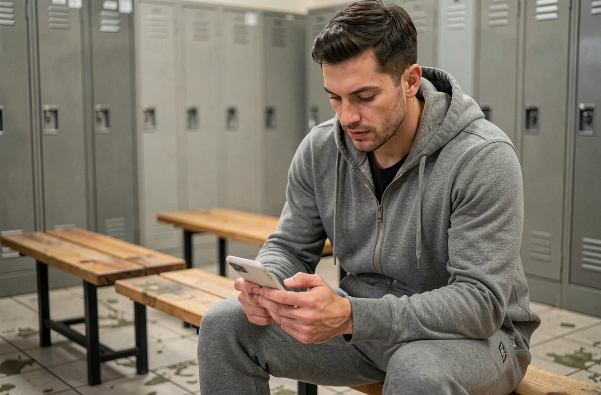 Homme consultant les tarifs d'abonnement Basic Fit sur son téléphone dans un vestiaire de salle de sport