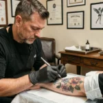Tatoueur professionnel appliquant un tatouage floral sur l'avant-bras d'un client dans un studio de tatouage à Gaillac