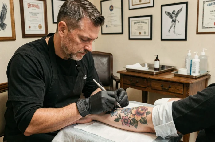 Tatoueur professionnel appliquant un tatouage floral sur l'avant-bras d'un client dans un studio de tatouage à Gaillac