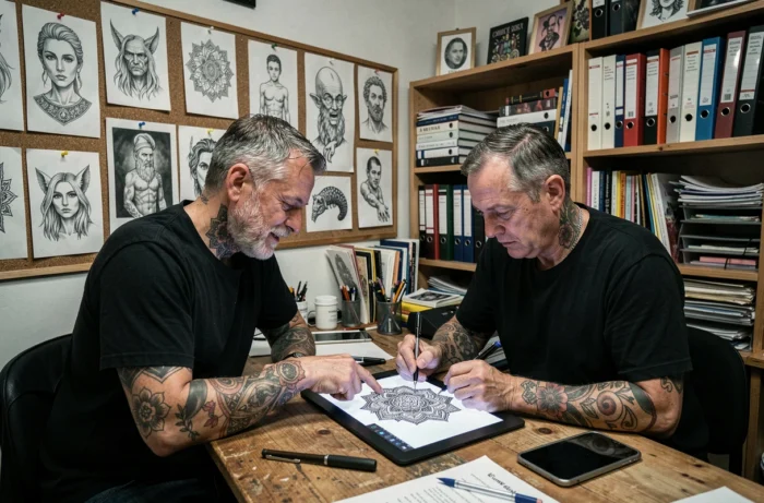 Deux tatoueurs expérimentés collaborant sur un design de tatouage personnalisé dans leur atelier de création à Gaillac