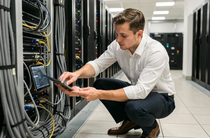 Technicien informatique vérifiant les connexions réseau dans une salle de serveurs pour résoudre un problème de connexion