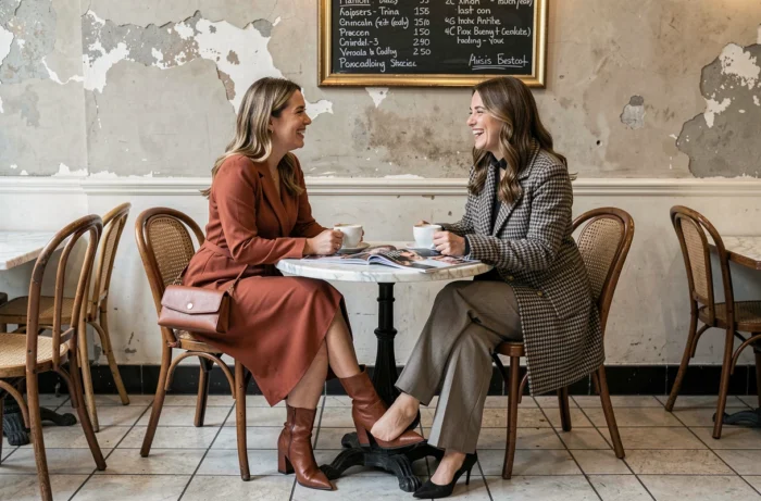 Deux femmes tendance attablées dans un café parisien, portant des tenues mode de saison complémentaires autour d'un café et de magazines de mode
