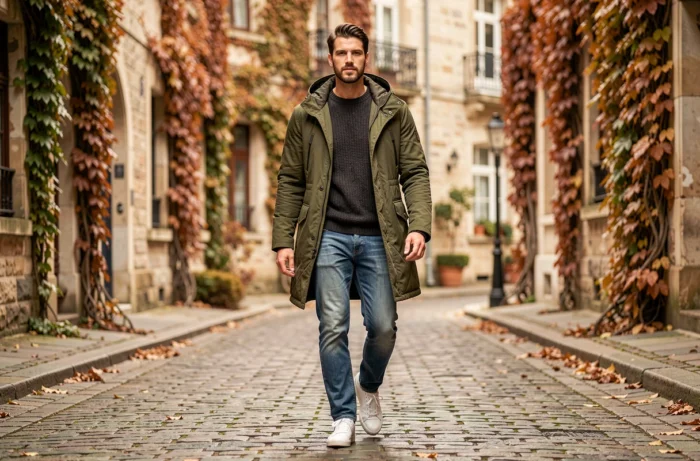 Homme stylé en parka olive et jean droit marchant dans une rue pavée européenne aux couleurs automnales, illustrant les tendances mode homme de la saison