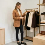Jeune femme élégante en blazer camel surdimensionné explorant les nouvelles tendances mode de la saison dans une boutique parisienne minimaliste
