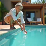Femme testant la qualité de l'eau d'une piscine cristalline avec une bandelette de test chimique dans un jardin ensoleillé