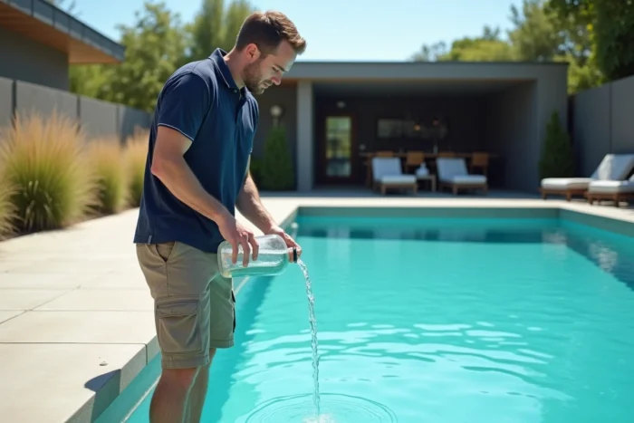 Homme versant un traitement chimique dans une piscine bleue et transparente sur une terrasse en béton moderne