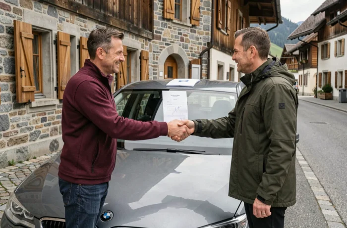 Transaction d'achat-vente d'une voiture d'occasion entre particuliers avec contrat signé en Suisse