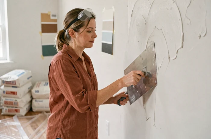 Femme appliquant de l'enduit sur un mur intérieur pendant des travaux de rénovation résidentielle