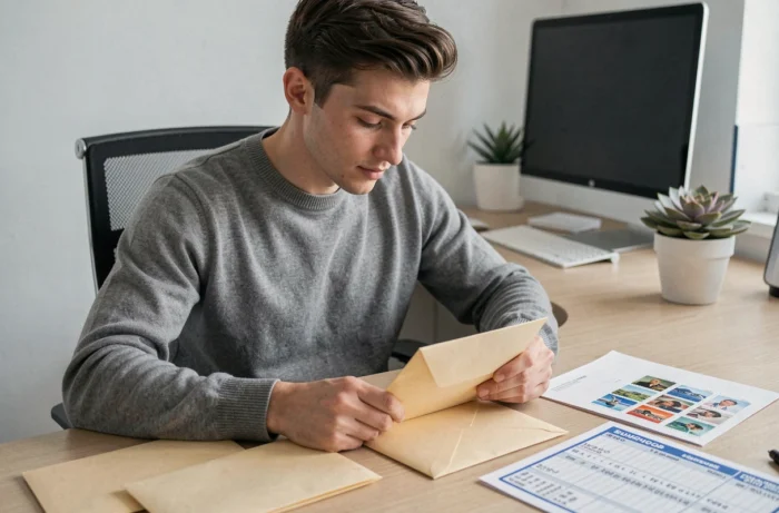 Jeune homme triant des enveloppes avec un guide tarifaire d'affranchissement postal sur un bureau à domicile