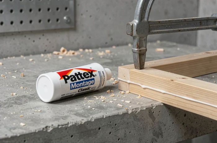 Tube de colle Pattex Montage Classic posé sur du béton brut avec un assemblage bois collé et serre-joint