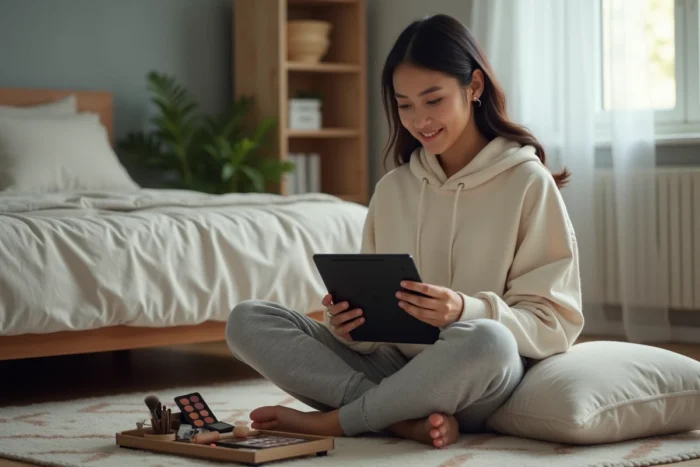 Jeune femme se maquillant les yeux seule dans sa chambre en suivant un tutoriel sur tablette