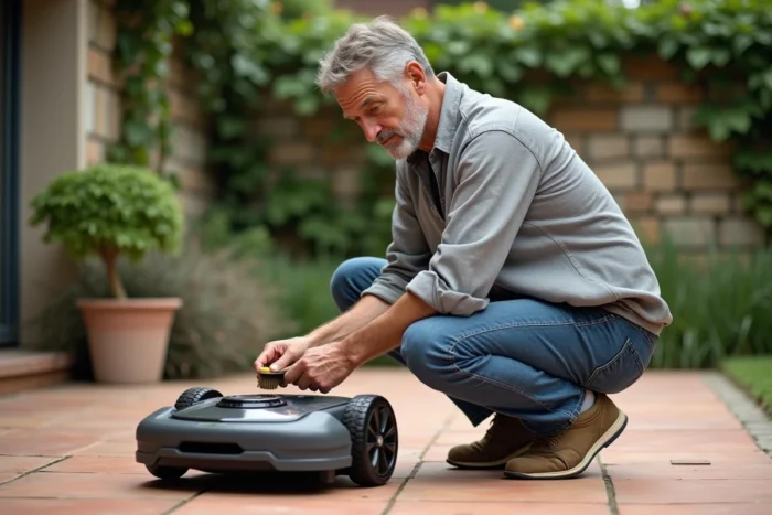 Homme inspectant et entretenant son robot tondeuse sur une terrasse de jardin en pierre