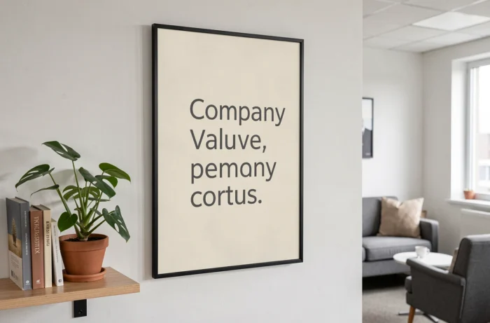 Affiche typographique encadrée présentant une valeur d'entreprise dans une salle de pause sans excès de branding corporate