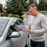 Homme examinant les documents d'un véhicule d'occasion lors d'une vente privée en Suisse